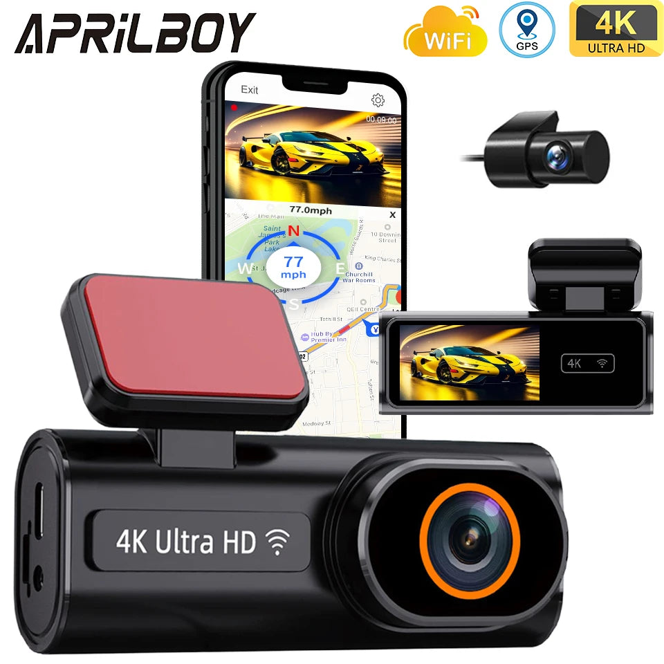 Aprilboy 4K WiFi Araç Kamerası - Çift Lensli Ön ve Arka 1080P Gece Görüşlü Dash Cam