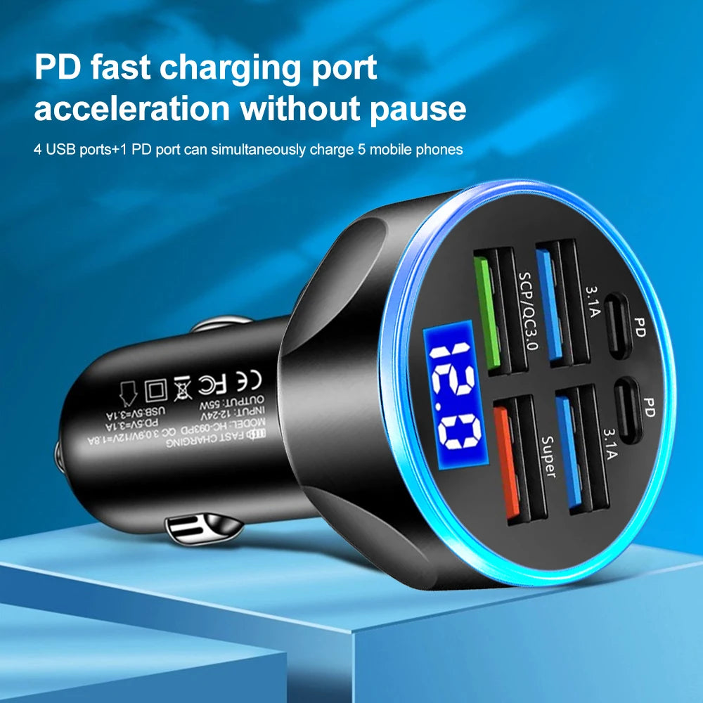 66-250W PD Araç Şarj Cihazı - 4USB + 2PD Dijital Ekranlı Hızlı Şarj Fndki