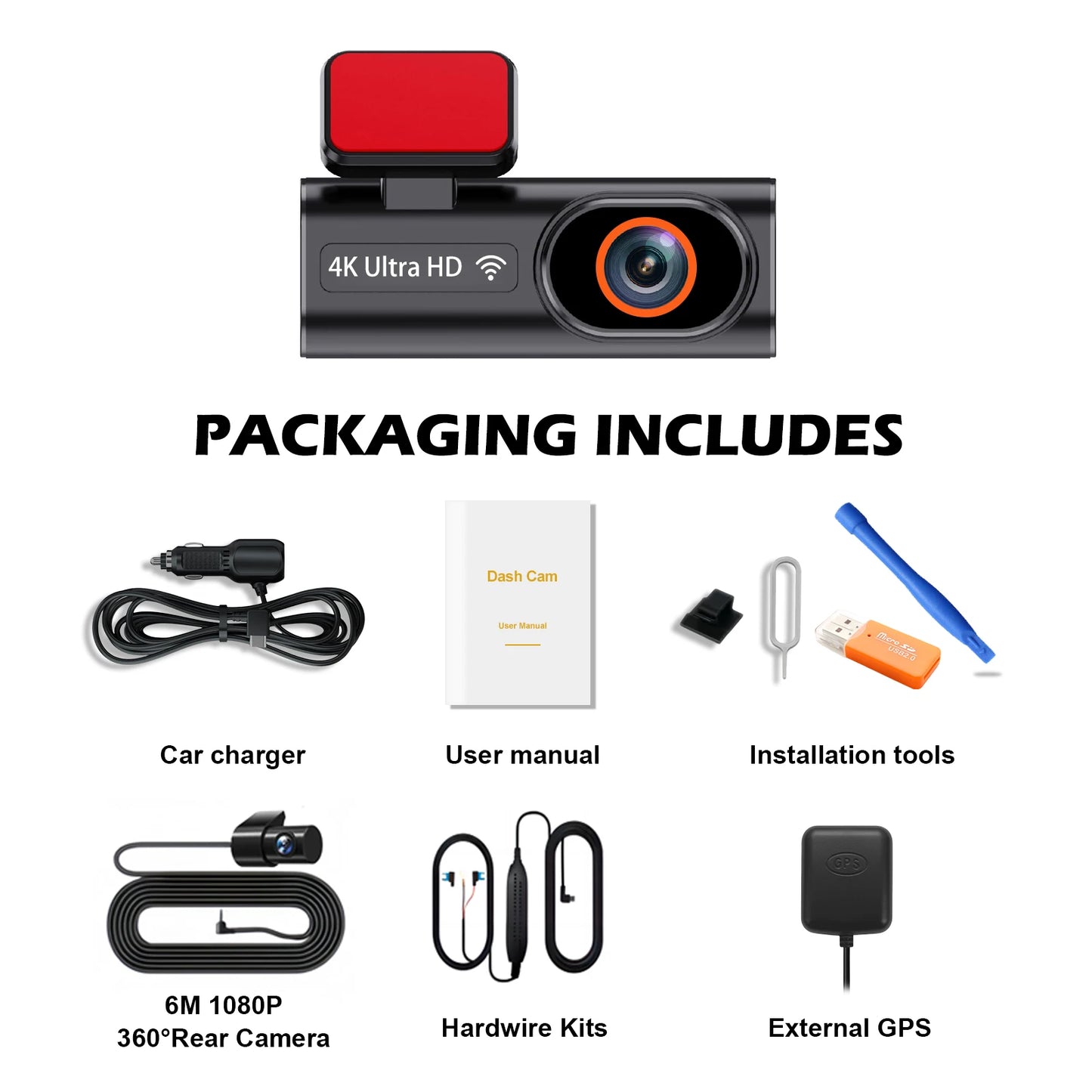 Aprilboy 4K WiFi Araç Kamerası - Çift Lensli Ön ve Arka 1080P Gece Görüşlü Dash Cam