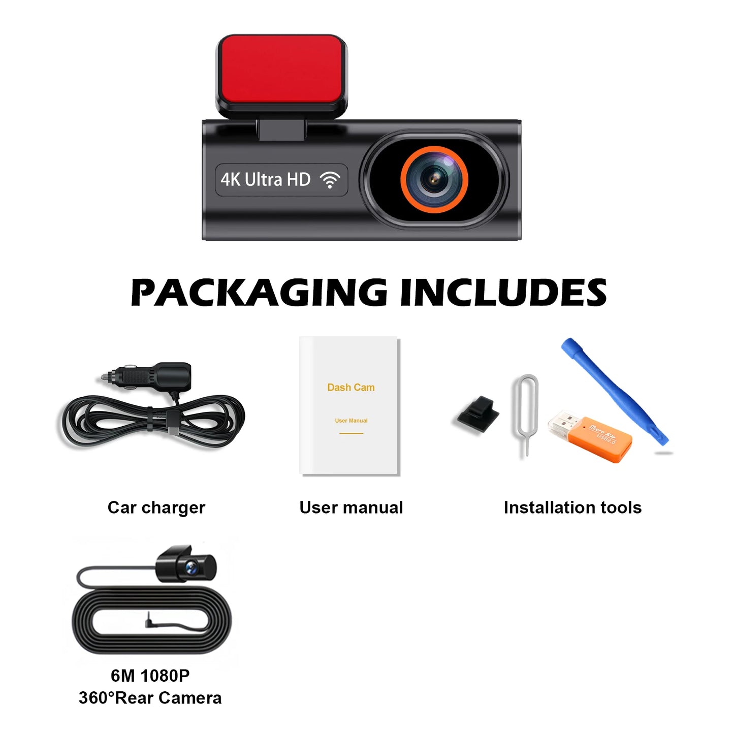 Aprilboy 4K WiFi Araç Kamerası - Çift Lensli Ön ve Arka 1080P Gece Görüşlü Dash Cam