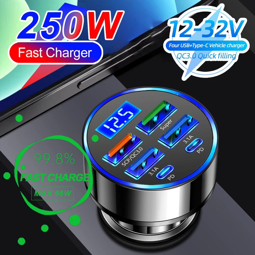 66-250W PD Araç Şarj Cihazı - 4USB + 2PD Dijital Ekranlı Hızlı Şarj Fndki