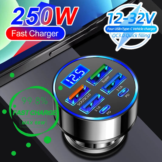 66-250W PD Araç Şarj Cihazı - 4USB + 2PD Dijital Ekranlı Hızlı Şarj Fndki