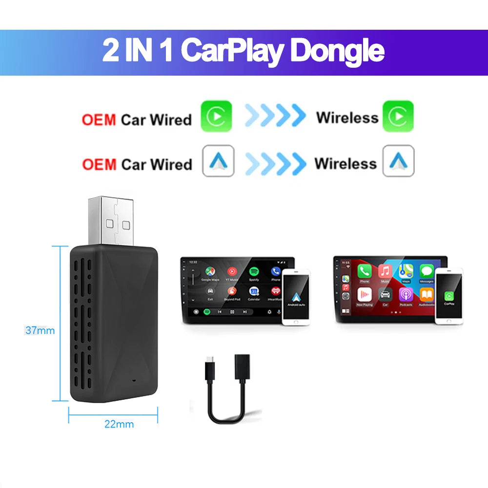 2in1 Simli ve Kablosuz CarPlay Android Auto Adaptörü - USB Tak ve Çalıştır
