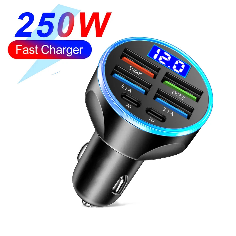66-250W PD Araç Şarj Cihazı - 4USB + 2PD Dijital Ekranlı Hızlı Şarj Fndki
