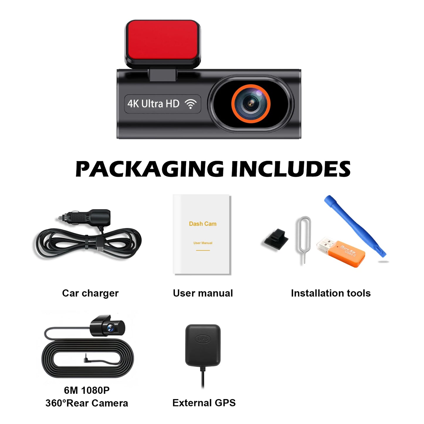 Aprilboy 4K WiFi Araç Kamerası - Çift Lensli Ön ve Arka 1080P Gece Görüşlü Dash Cam