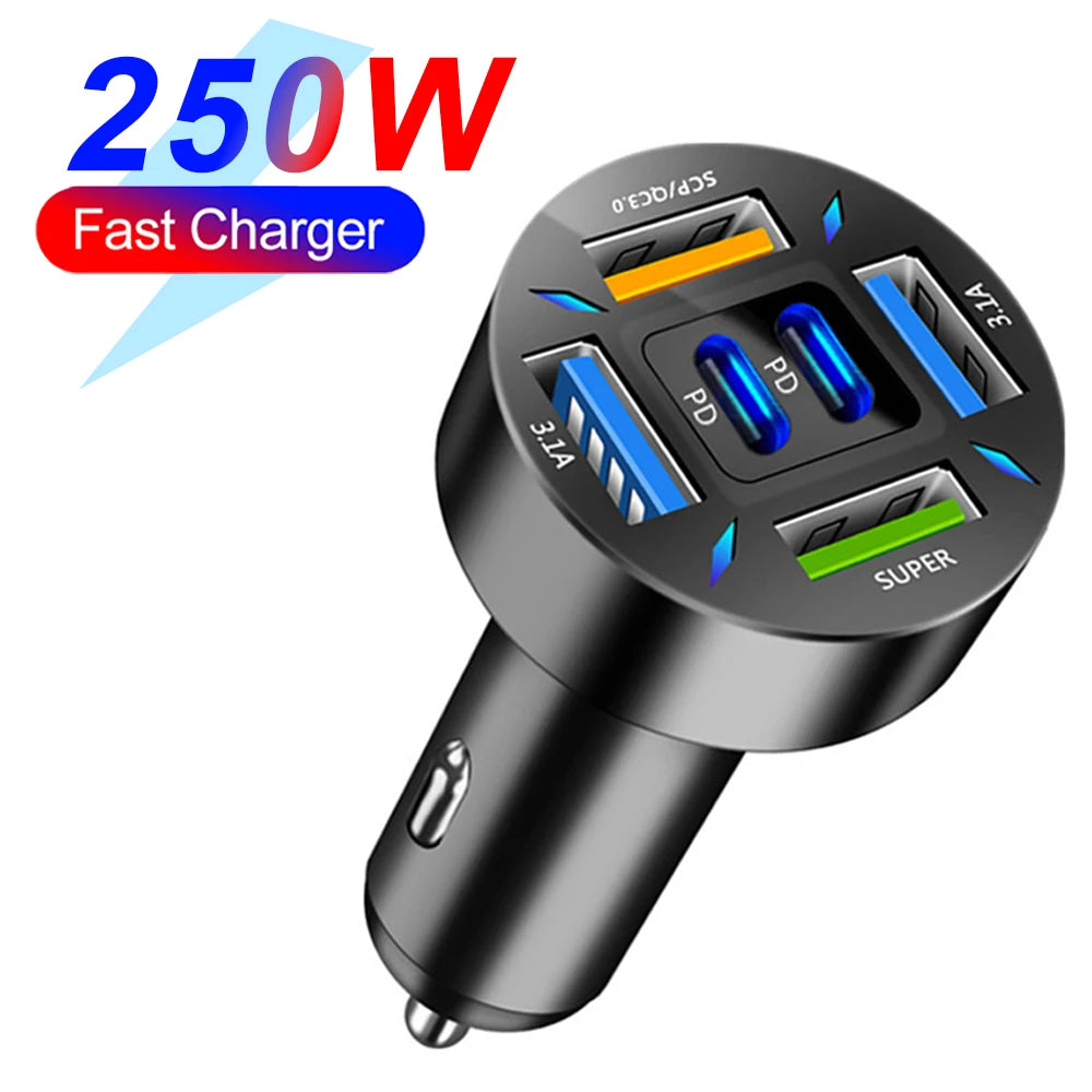 66-250W PD Araç Şarj Cihazı - 4USB + 2PD Dijital Ekranlı Hızlı Şarj Fndki