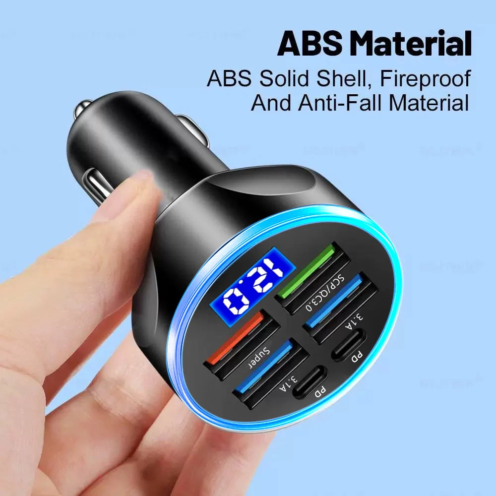 66-250W PD Araç Şarj Cihazı - 4USB + 2PD Dijital Ekranlı Hızlı Şarj Fndki