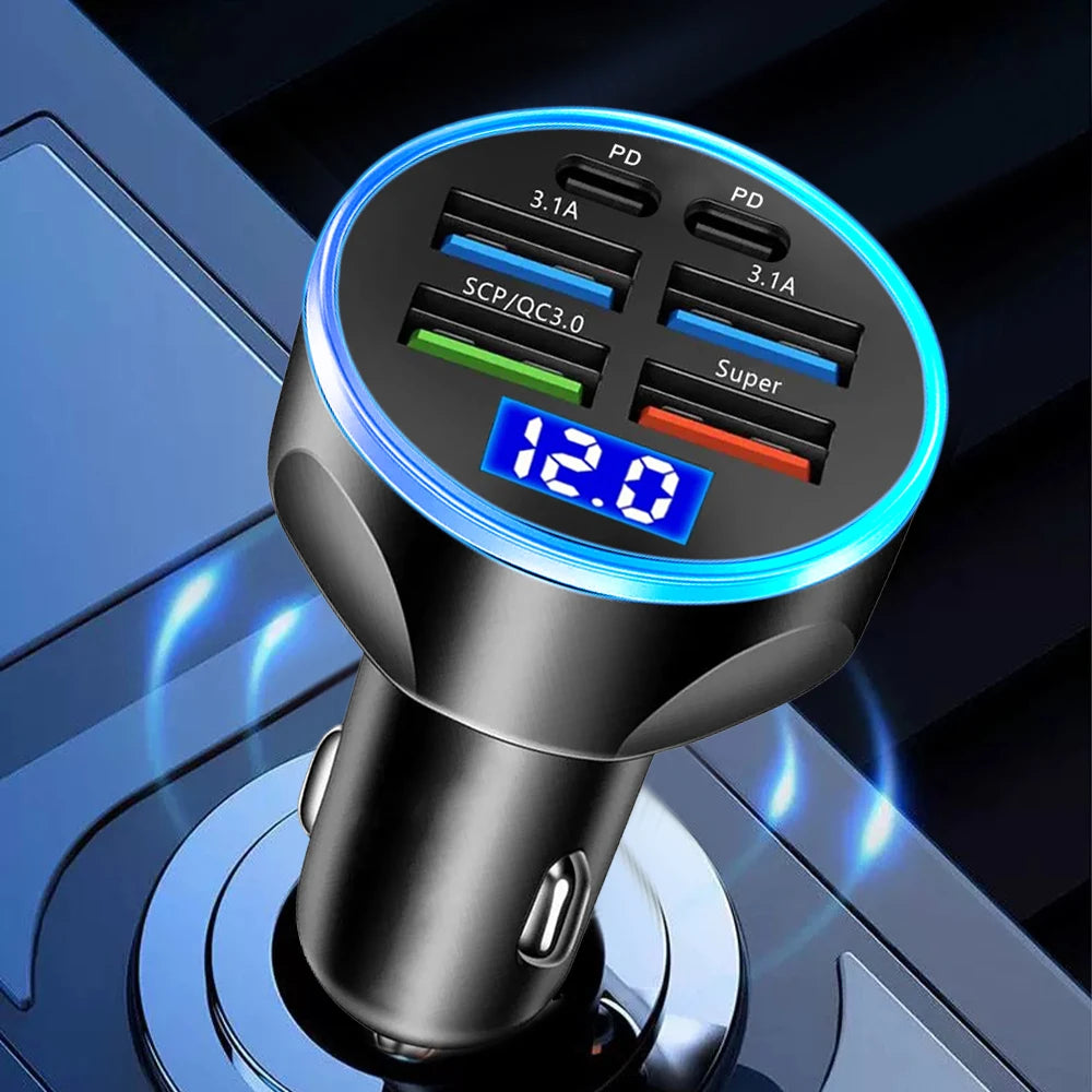 66-250W PD Araç Şarj Cihazı - 4USB + 2PD Dijital Ekranlı Hızlı Şarj Fndki