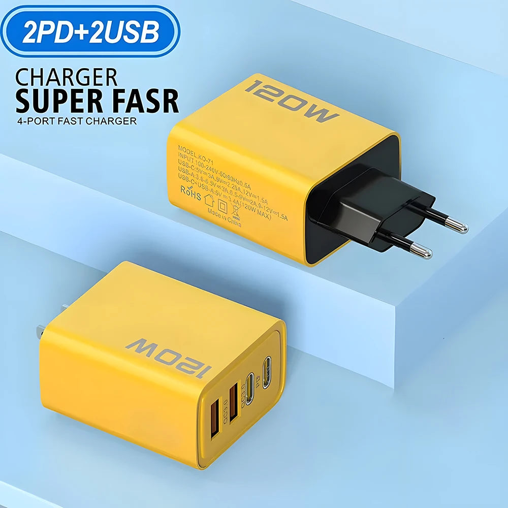 120W 4 Portlu USB-C Şarj Cihazı - iPhone 15/14, Samsung, Xiaomi, Huawei için Hızlı Şarj Adaptörü