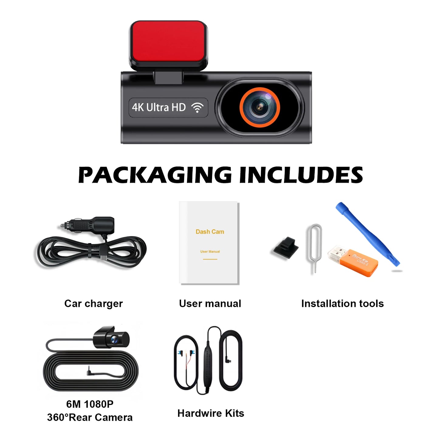 Aprilboy 4K WiFi Araç Kamerası - Çift Lensli Ön ve Arka 1080P Gece Görüşlü Dash Cam