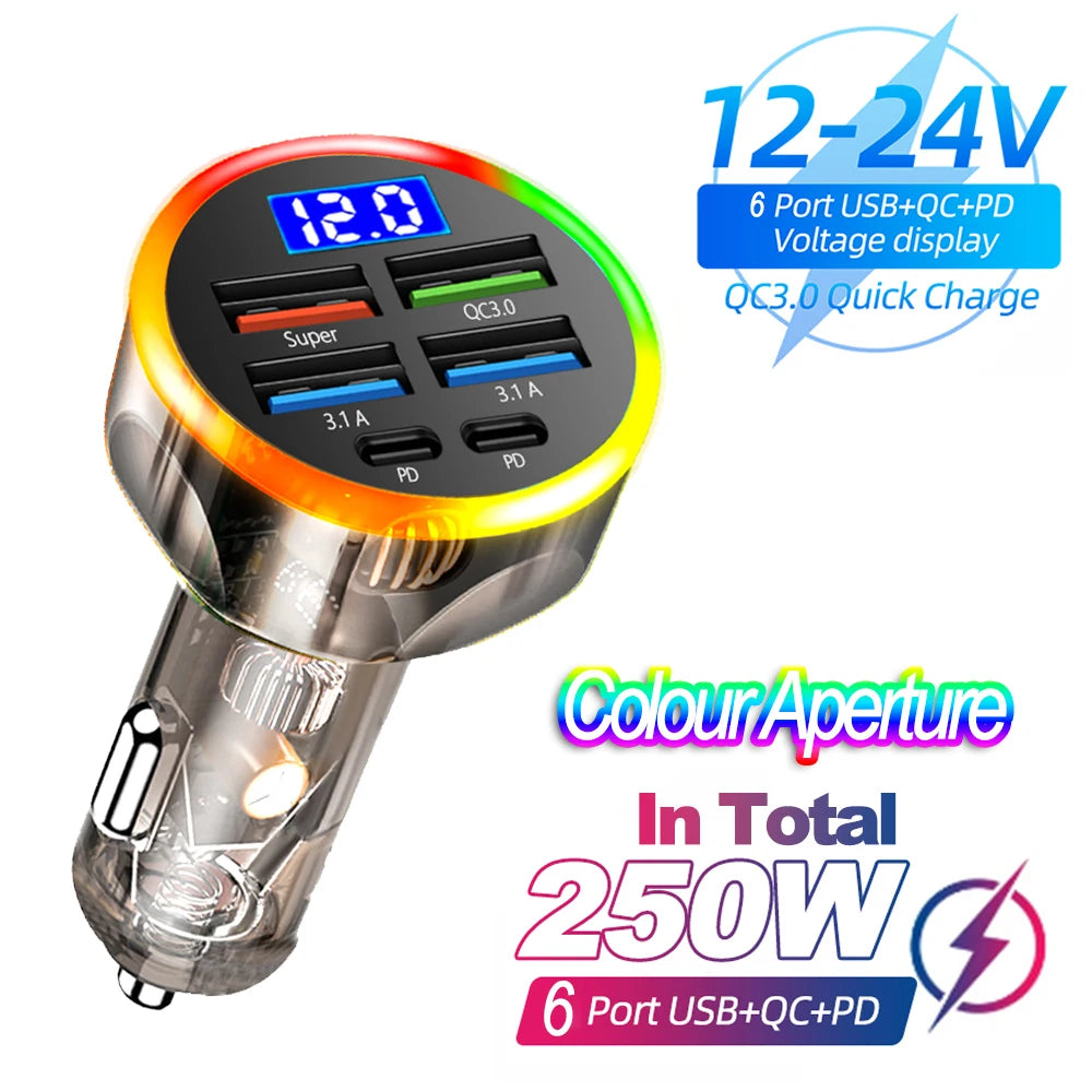 66-250W PD Araç Şarj Cihazı - 4USB + 2PD Dijital Ekranlı Hızlı Şarj Fndki