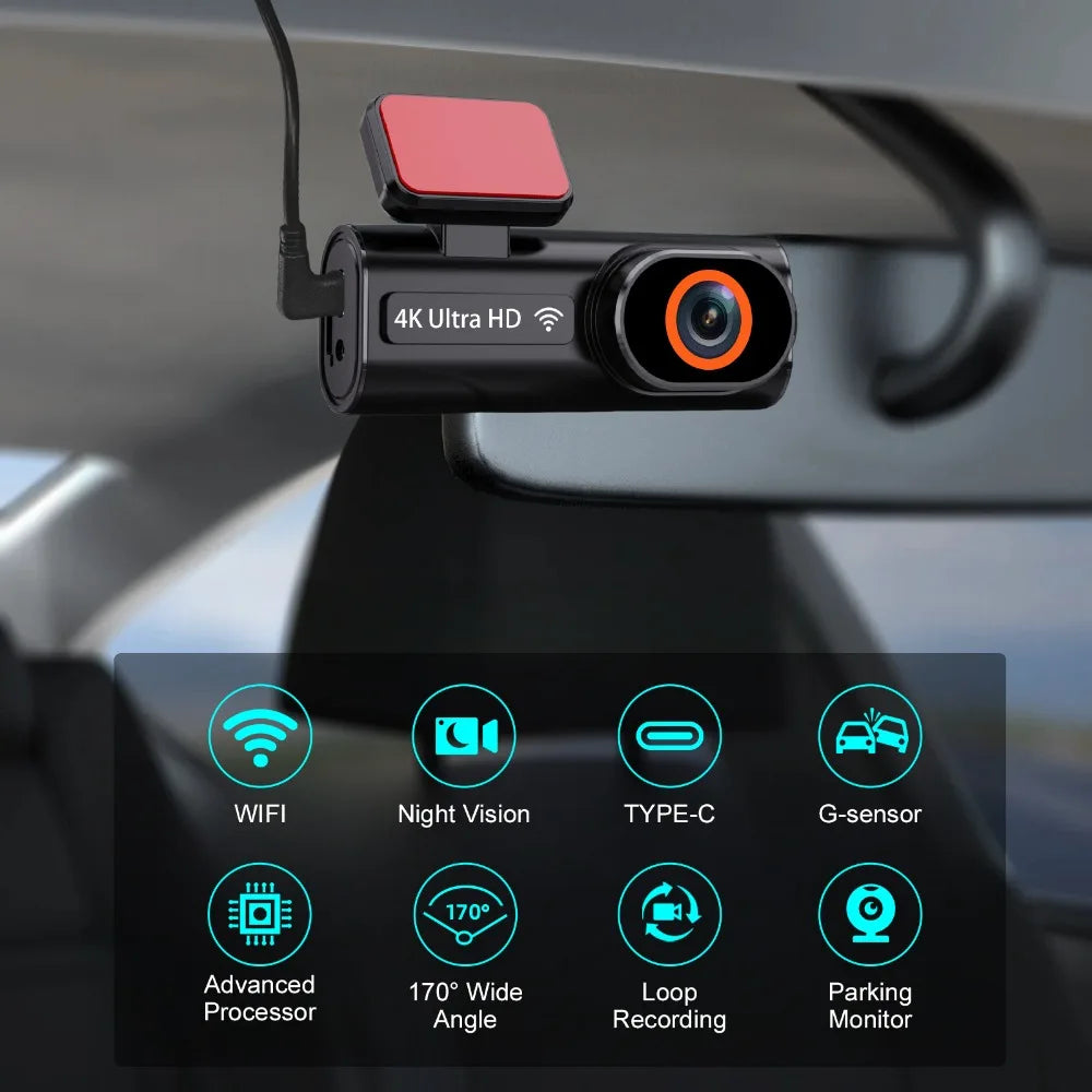 Aprilboy 4K WiFi Araç Kamerası - Çift Lensli Ön ve Arka 1080P Gece Görüşlü Dash Cam
