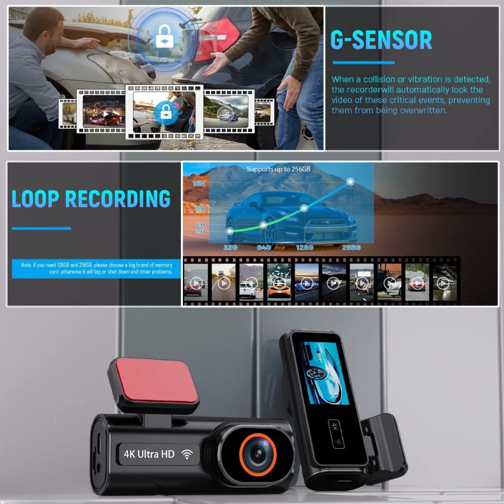 Aprilboy 4K WiFi Araç Kamerası - Çift Lensli Ön ve Arka 1080P Gece Görüşlü Dash Cam