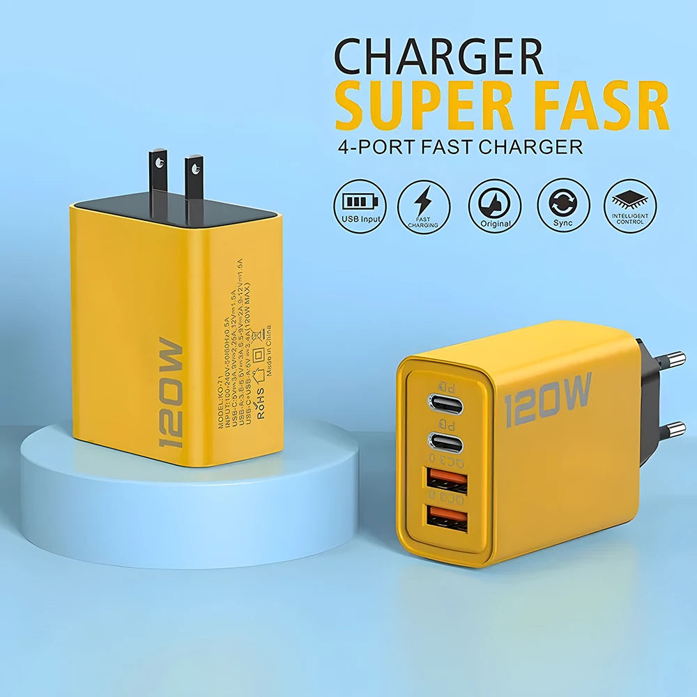 120W 4 Portlu USB-C Şarj Cihazı - iPhone 15/14, Samsung, Xiaomi, Huawei için Hızlı Şarj Adaptörü