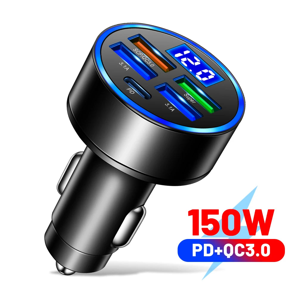 66-250W PD Araç Şarj Cihazı - 4USB + 2PD Dijital Ekranlı Hızlı Şarj Fndki