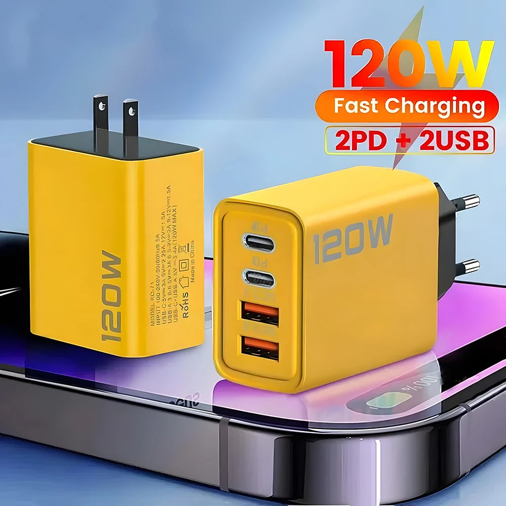 120W 4 Portlu USB-C Şarj Cihazı - iPhone 15/14, Samsung, Xiaomi, Huawei için Hızlı Şarj Adaptörü