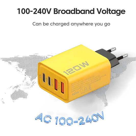 120W 4 Portlu USB-C Şarj Cihazı - iPhone 15/14, Samsung, Xiaomi, Huawei için Hızlı Şarj Adaptörü