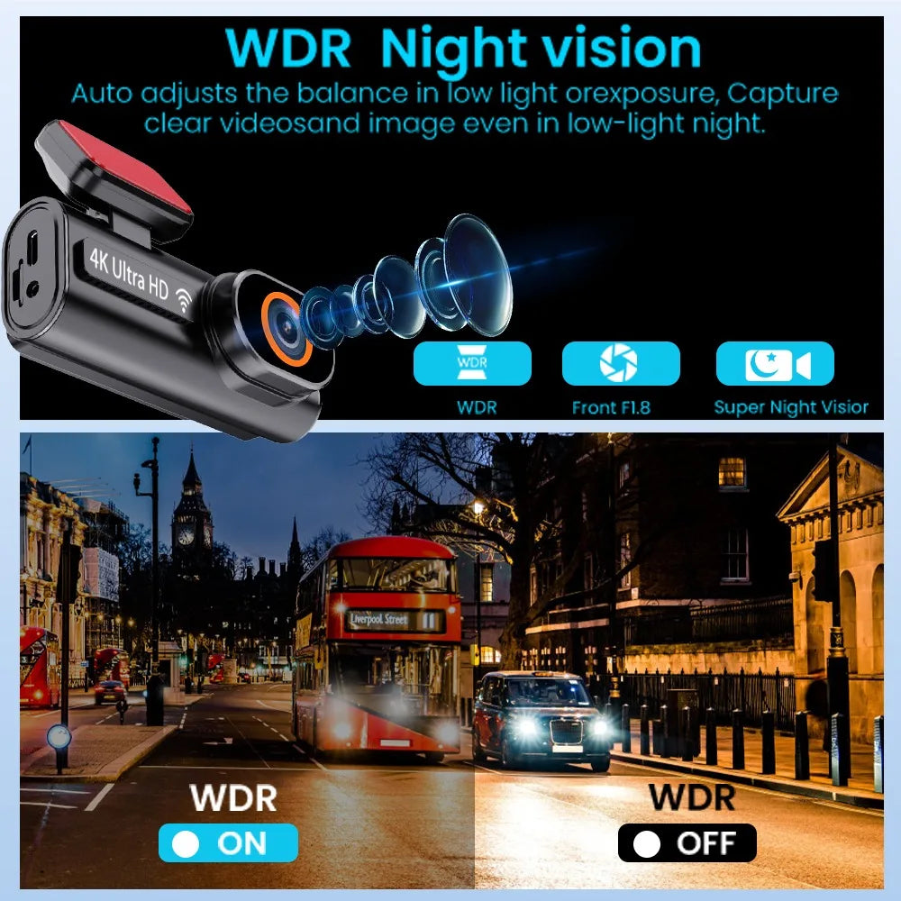 Aprilboy 4K WiFi Araç Kamerası - Çift Lensli Ön ve Arka 1080P Gece Görüşlü Dash Cam